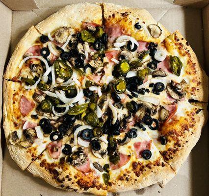 Create Your Own: Canadian bacon, onions, mushrooms, black olives, and jalapeños