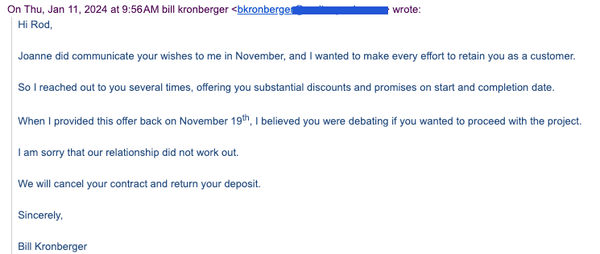 Bill Kronberger's Jan. 11, 2024 email saying he thought I was thinking it over, hoping I wouldn't cancel despite having cancelled in Nov.