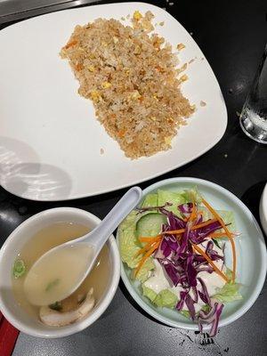 Fried rice, soup, and salad