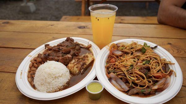 Cordero Trujillano, Tallarin saltado de Carne, Yuca con Crema de Rocoto, Jugo de Maracuya