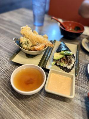 Mixed Tempura (Veggies & Shrimp), and a salmon skin hand roll.