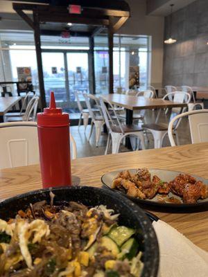 Bibimbap with bulgogi in a hot bowl. Yum!