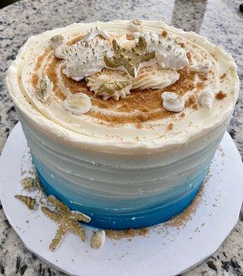 coastal themed chocolate cake with a cream cheese filled center.