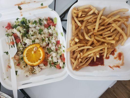 Tostada de camarón and fries