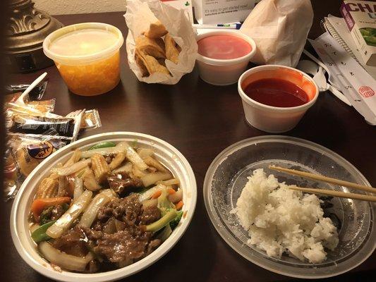 Delicious! Beef chop suey, egg drop soup and crab rangoons.