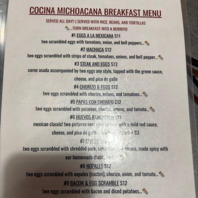 Breakfast menu