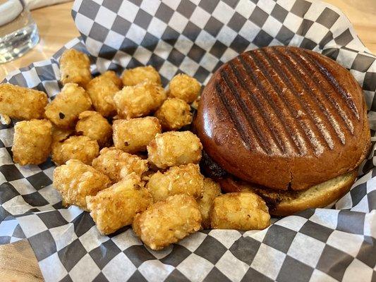 Kids Cheese Burgerwith Small Side of Potato Chips.. good tater tots