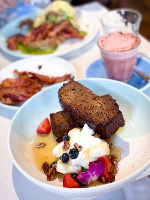 Banana bread with ricotta and fruits up close