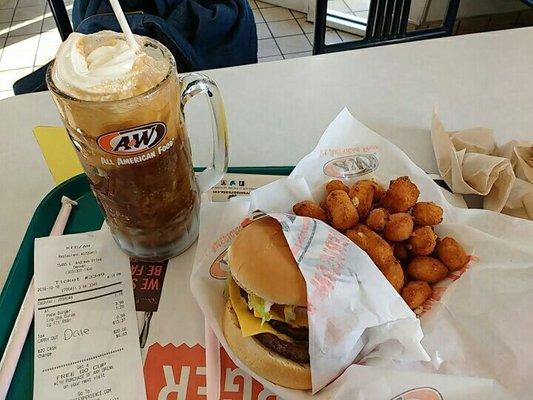 Lg root beer float, lg cheese curds, papa burger, $13.37