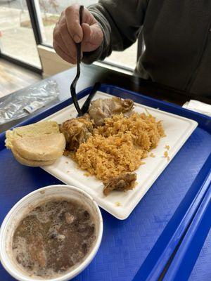 Arroz con Pollo and beans and toast