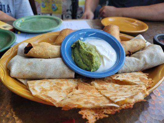 Grande sampler plate includes quesadilla, burrito, flauta.  $30