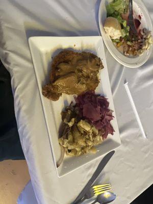 Hunter Snitzel with fried potatoes and homemade red cabbage, salad with beets and pasta, and peach cake for dessert.