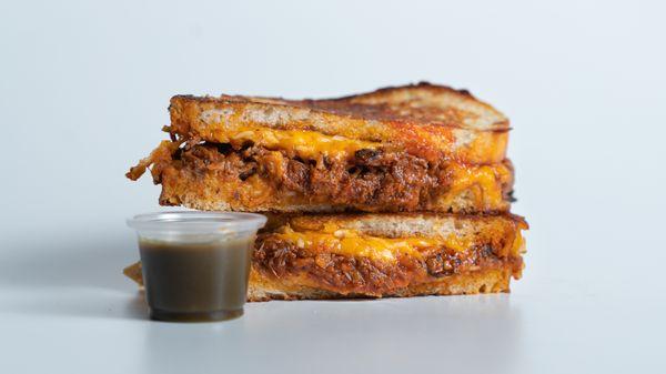 Big Cheese Sandwich with Pulled Beef and Khokha Chutney.