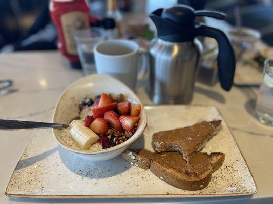 coconut chai with fresh fruit and rustic toast    the insulated carafe kept my tea at the perfect temperature throughout our entire stay