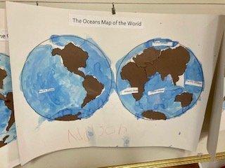 Water color paint world map by a 4 year old student