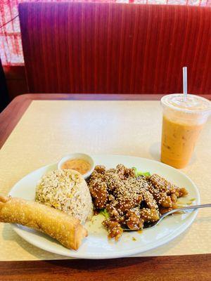 Sesame Chicken, fried rice, Egg Roll, and Thai Ice Tea