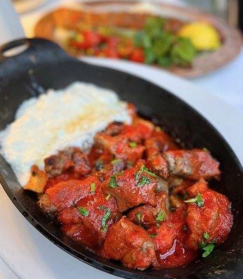 Yoğurtlu: Grilled Angus Sirloin & Meatballs served over flatbread, tomato sauce, yogurt, brown butter | $36