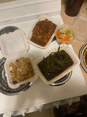 Prom friend rice, egg foo young, green beans, soup