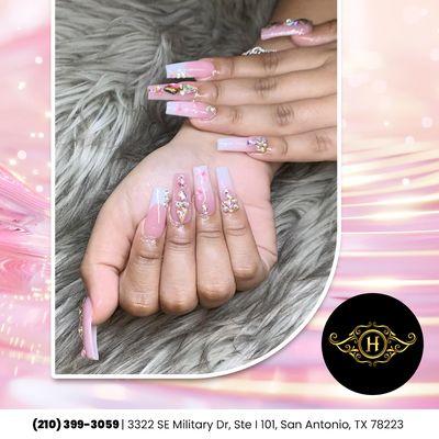 Pink and Rhinestone Perfection! 
* : https://lk.macmarketing.us/HectorNails78223-Booking