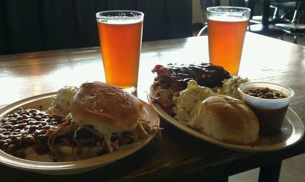 pulled pork plate and whole hog plate.  Diamomd Bear local pale ale.