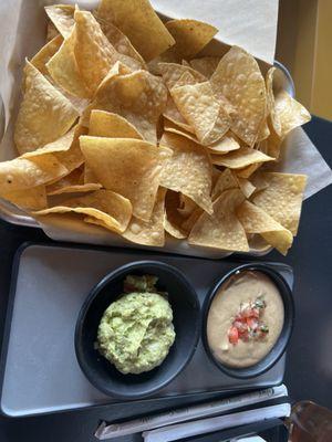 Pick 2 dips with Chips (guacamole & queso)