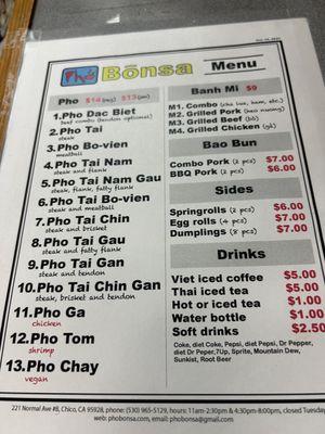 Pho Bonsa menu.