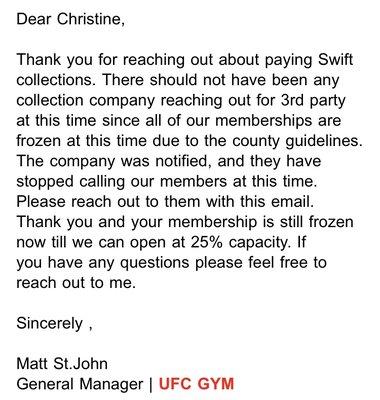 Letter from UFC