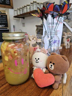 We got the pink happy face jar! Inside is Da Mean Buggah drink with fresh fruits