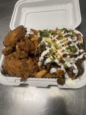 Lemon Pepper Wings with Jerk Chicken Cheddar Cheese Fries Midnight Delight