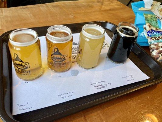 Taster tray: four 5oz beers for $10  Snacks: $1.50 each Visited on 4/2/22