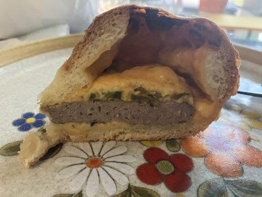 Turkey sausage, cheese, and jalapeño kolache. Nice variation on the standard tx pig in a blanket. 28DEC23