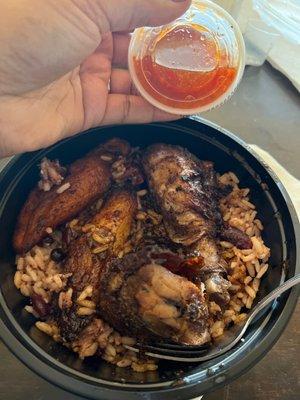 Jerk Bess bowl with plantains, rice and peas & oxtail gravy