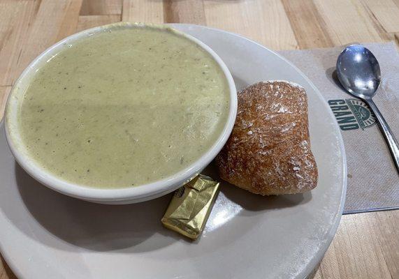 Potato leek soup with ciabatta roll, delicious