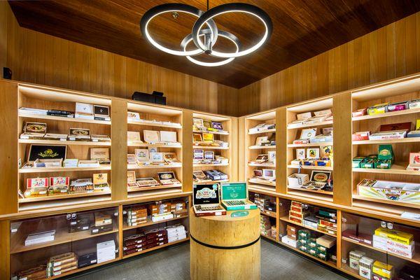 Walk in humidor with large selection of cigars.