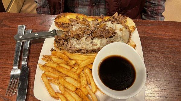 Open range sandwich (like a French Dip) with fries