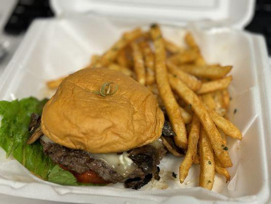 Mushroom Swiss burger and truffle fries