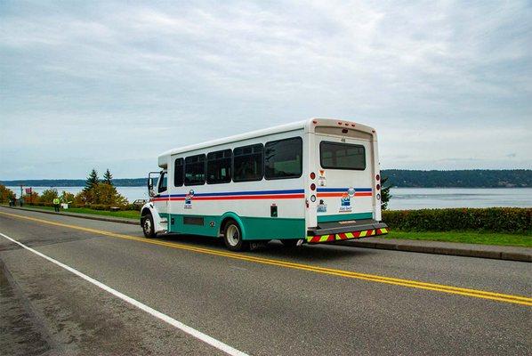 Island Transit driving along the waterfront of Langley, Wa.