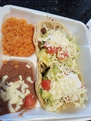 Steak tacos with rice and beans