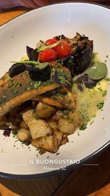 Branzino with roasted eggplant and potatoes. Dinner special of the night.