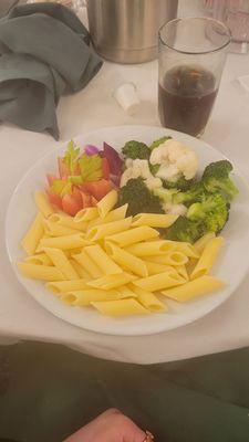 The vegetarian meal I got. Plain noodles, steamed vegetables, and an uncooked tomato. There wasn't even oil or butter on the noodles