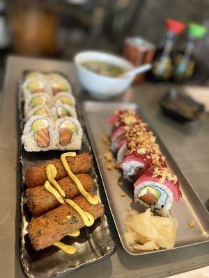 Sushiato Croquettes, Alaska Roll, Guava Roll, and the Miso Soup in the back lol