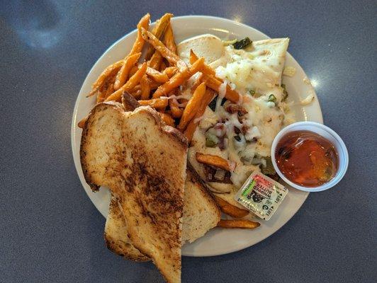 Sweet potato fries, build your own crepe, toast