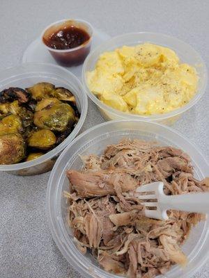 Pulled Pork Plate with MacNCheese and Brussel Sprouts.