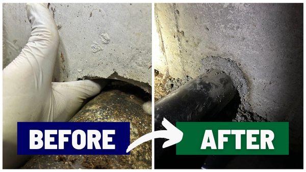 Before and after: Sound Crawls seals a gap around pipe penetration, expertly preventing pest entry and securing your home.