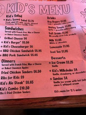 Kids menu