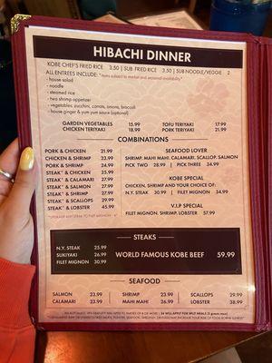 hibachi dinner menu