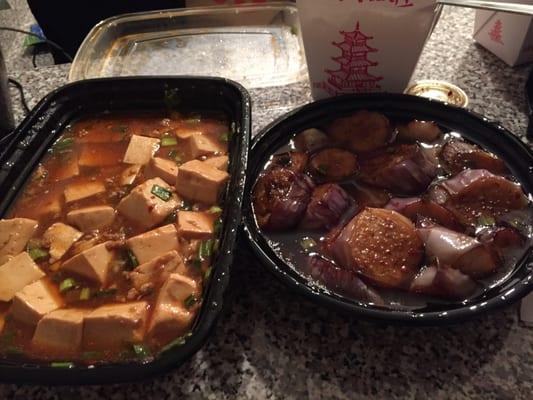 Spicy Bean Curd with ground pork (right) & Schzuan Eggplant (left)