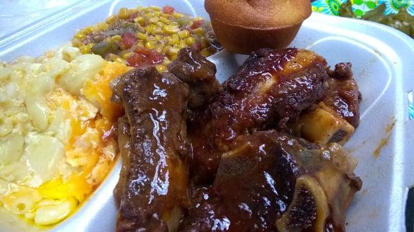 Ribs with macaroni and cheese and succotash $9.00