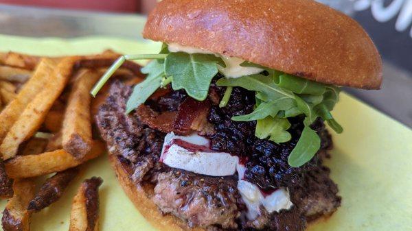 Briebg Burger - blackberry coulis, bacon, brie, crunchy garlic, arugula, lemon garlic aioli with fries