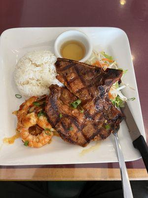 Marinated grilled pork chops and sweet chili grilled shrimp